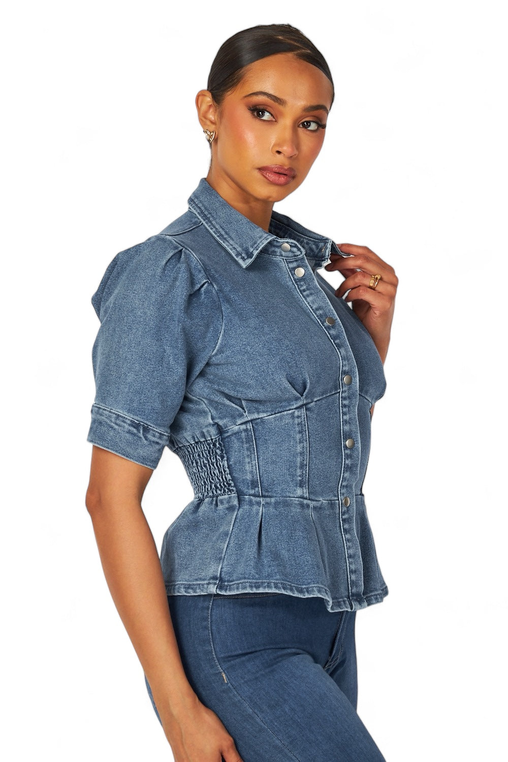 Ingrid Smocked Detail Peplum Denim Top
