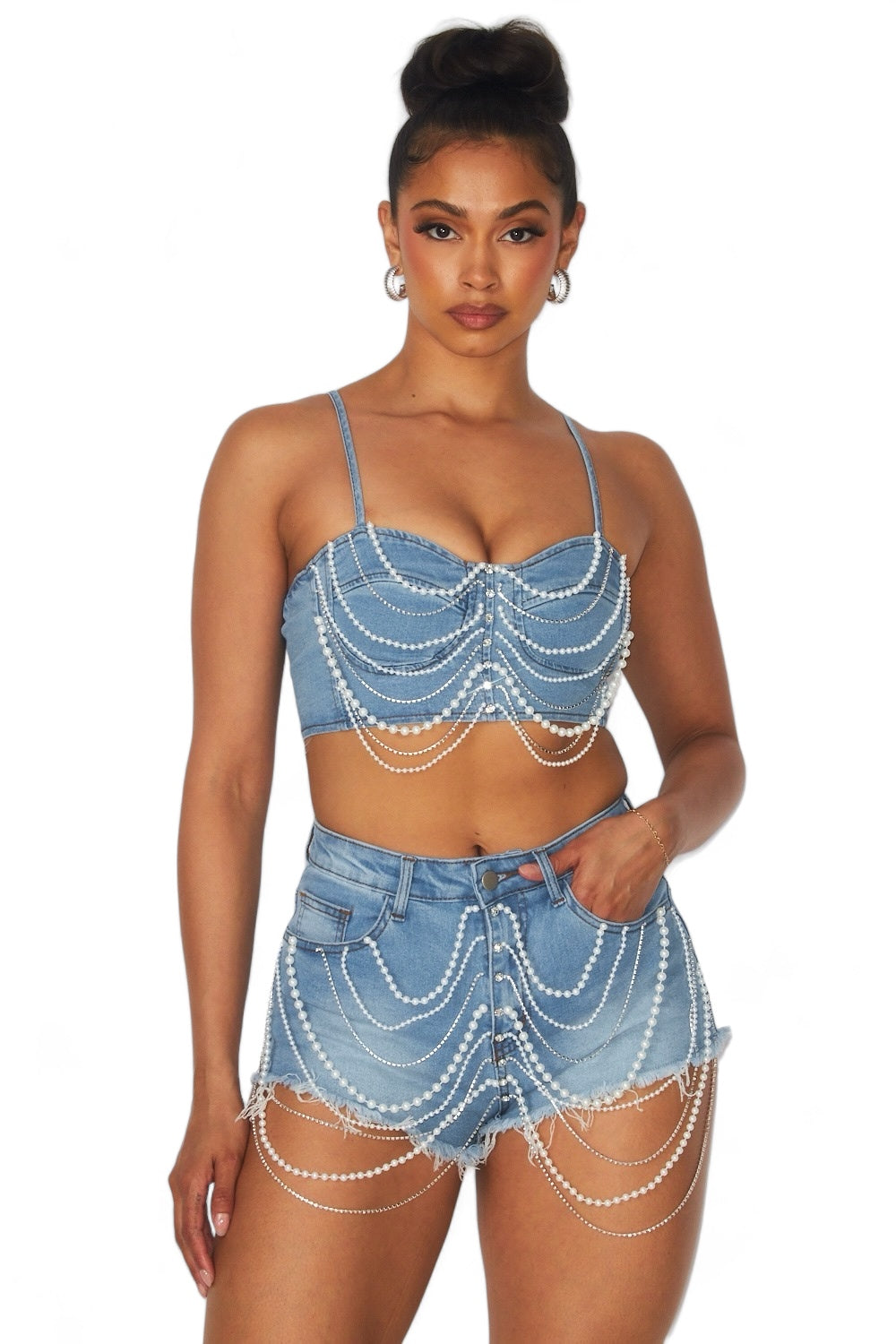 Pearl Detail Denim Short Set