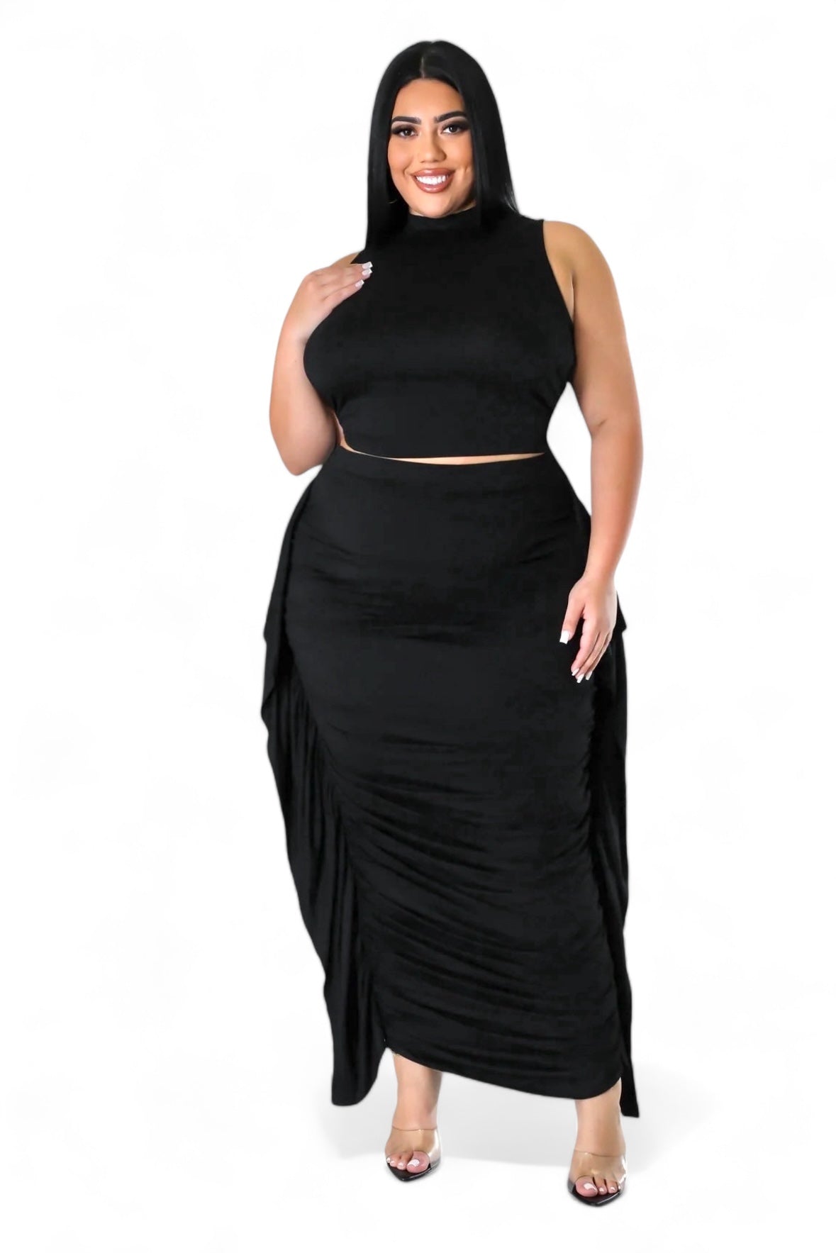 Curvy Two Piece Mock Neck Crop Top Ruched Fringed Skirt Set