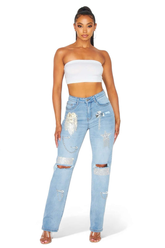 Dreaming Of You Rhinestone Fringe Denim Pant Jeans