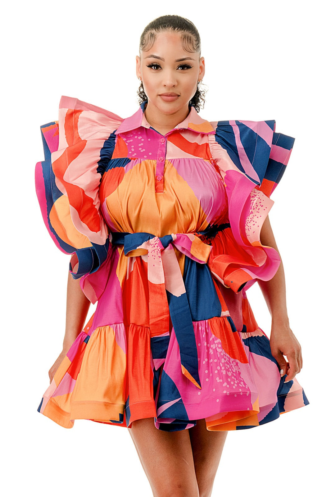 MultiColor Belted Baby Doll Dress