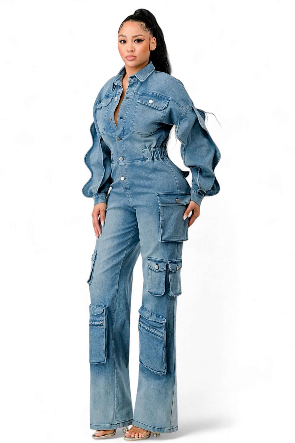 Denim Cargo Ruffle Sleeve Jumpsuit