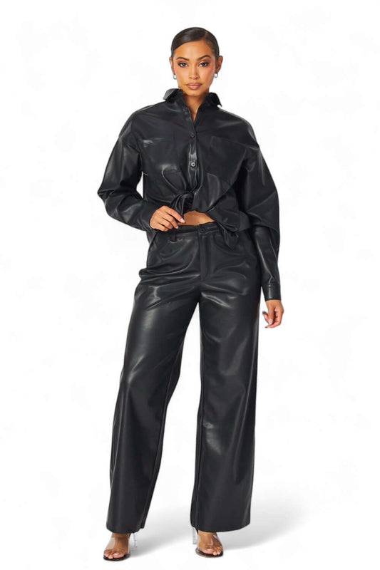 Emery Vegan Leather Button Down Shirt & Pants Two Piece Set