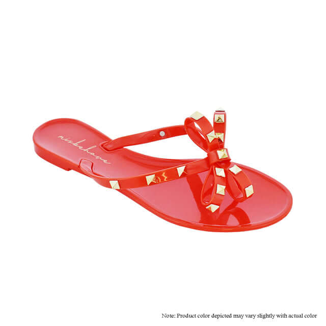 Gold Studded Bow Thong Sandals -Orange {Order 1/2 Size Larger}