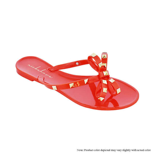 Gold Studded Bow Thong Sandals -Orange {Order 1/2 Size Larger}