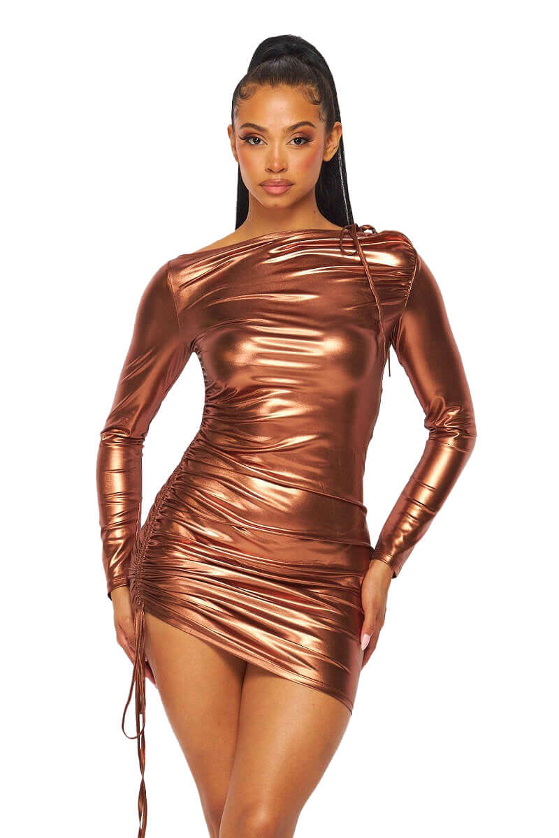 Metallic Side Ruched Mini Dress