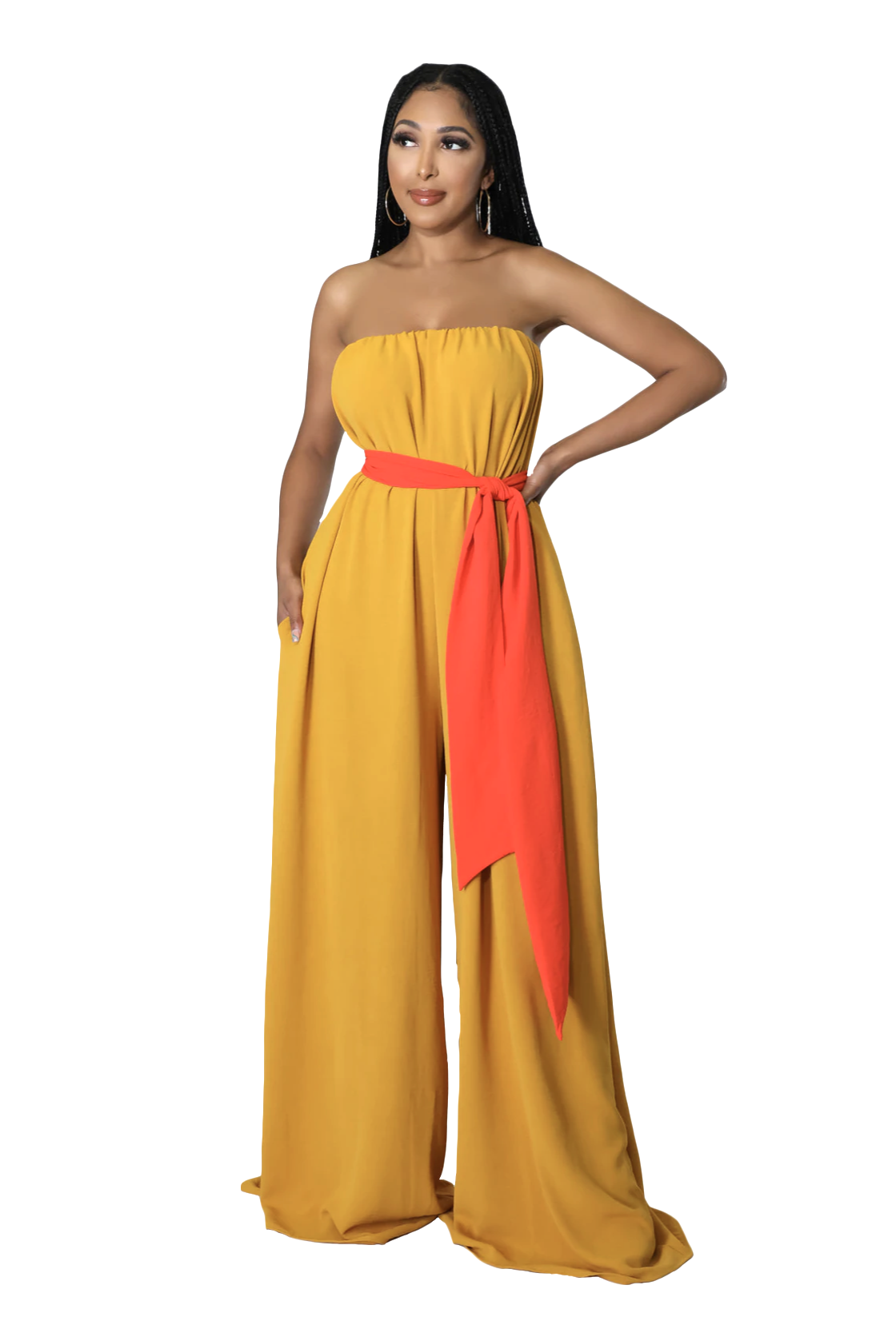 Mustard Strapless Jumpsuit with Orange Belt {33" inseam}