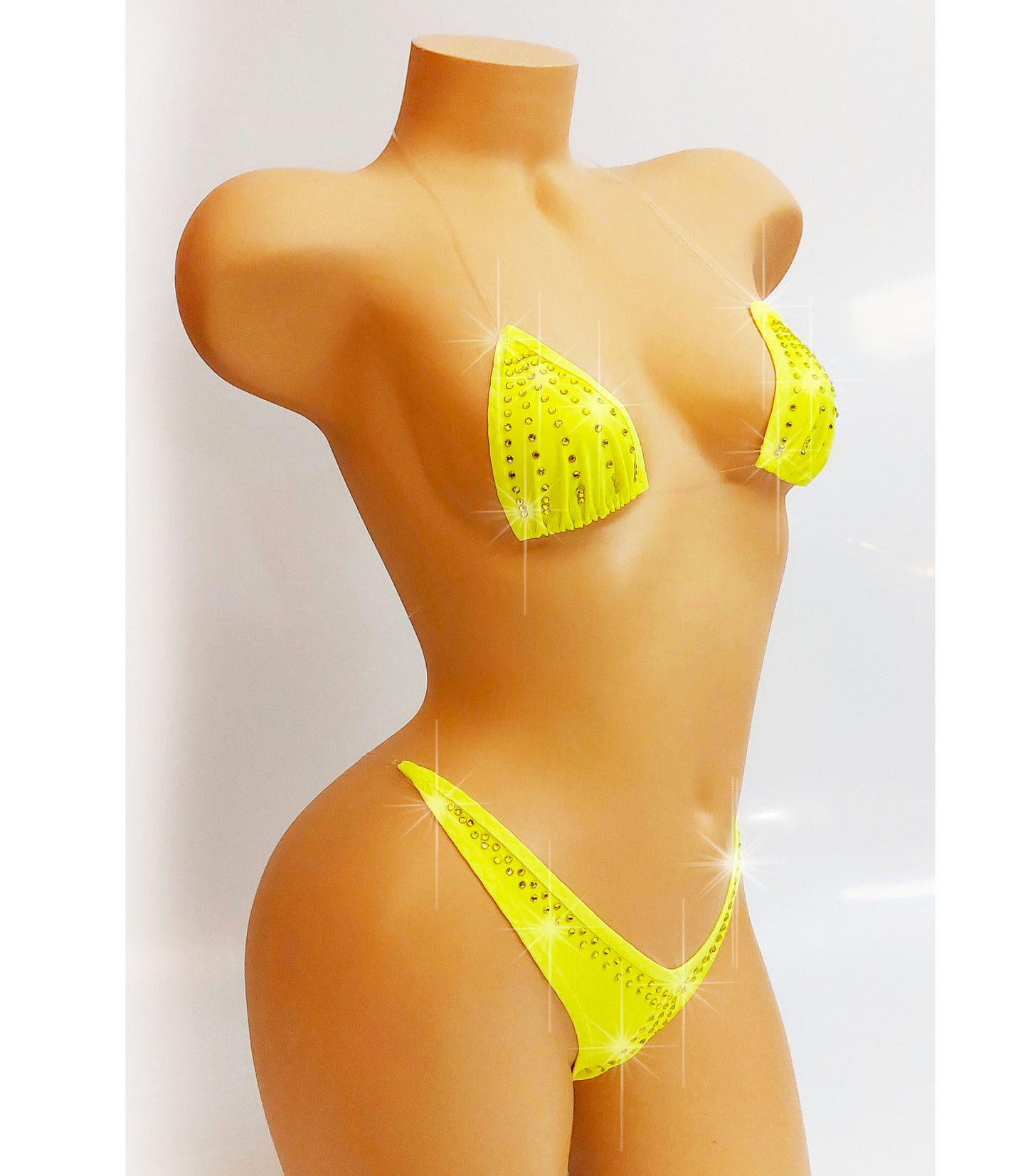 Neon Yellow transparent Clear invisible elastic Micro string thong bikini with Yellow Rhinestones