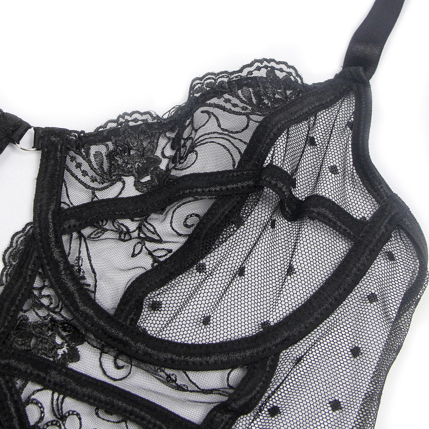 Embroidered Lace Hollow Cut Teddy Lingerie