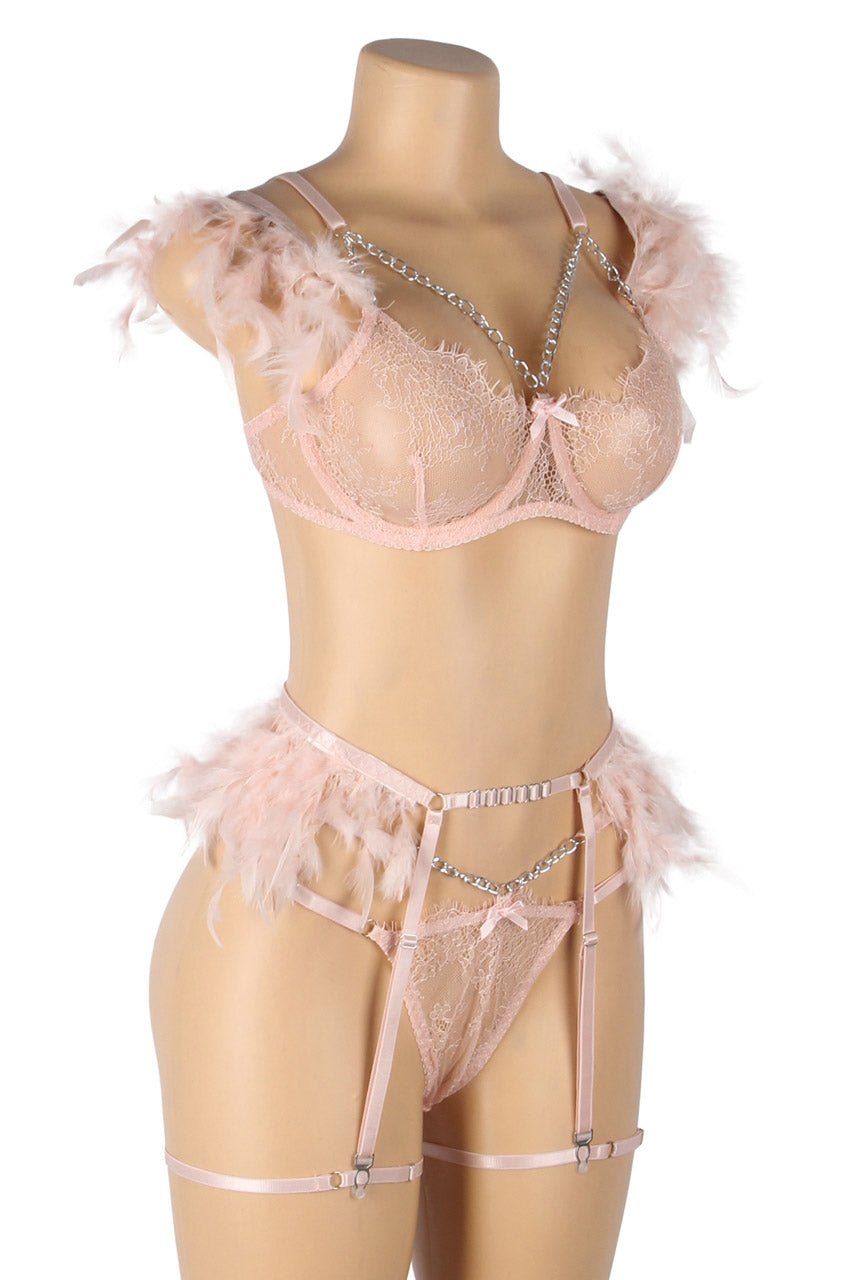 Feather Lace Chain Lingerie Bra Set