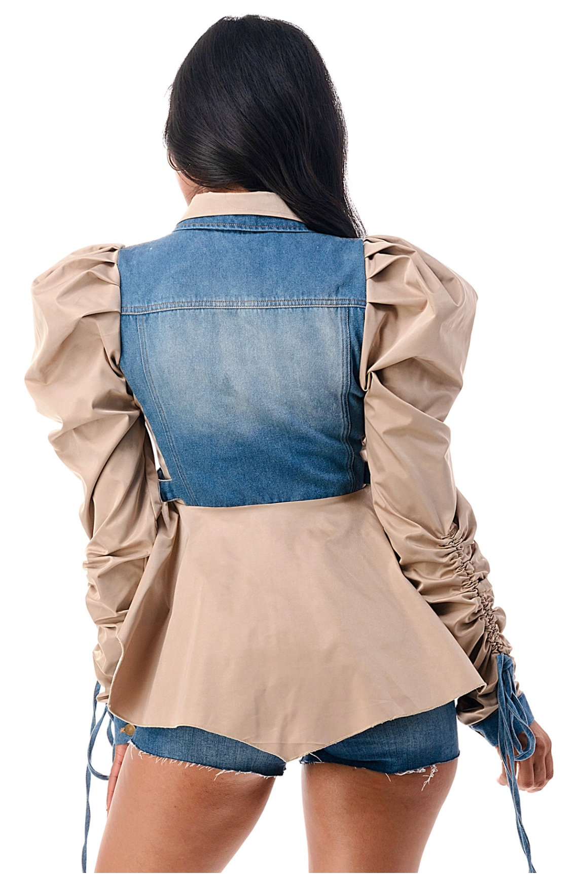Adjustable Puff Sleeve Reconstructed Denim Peplum Jacket   {Please read Description for sizing}