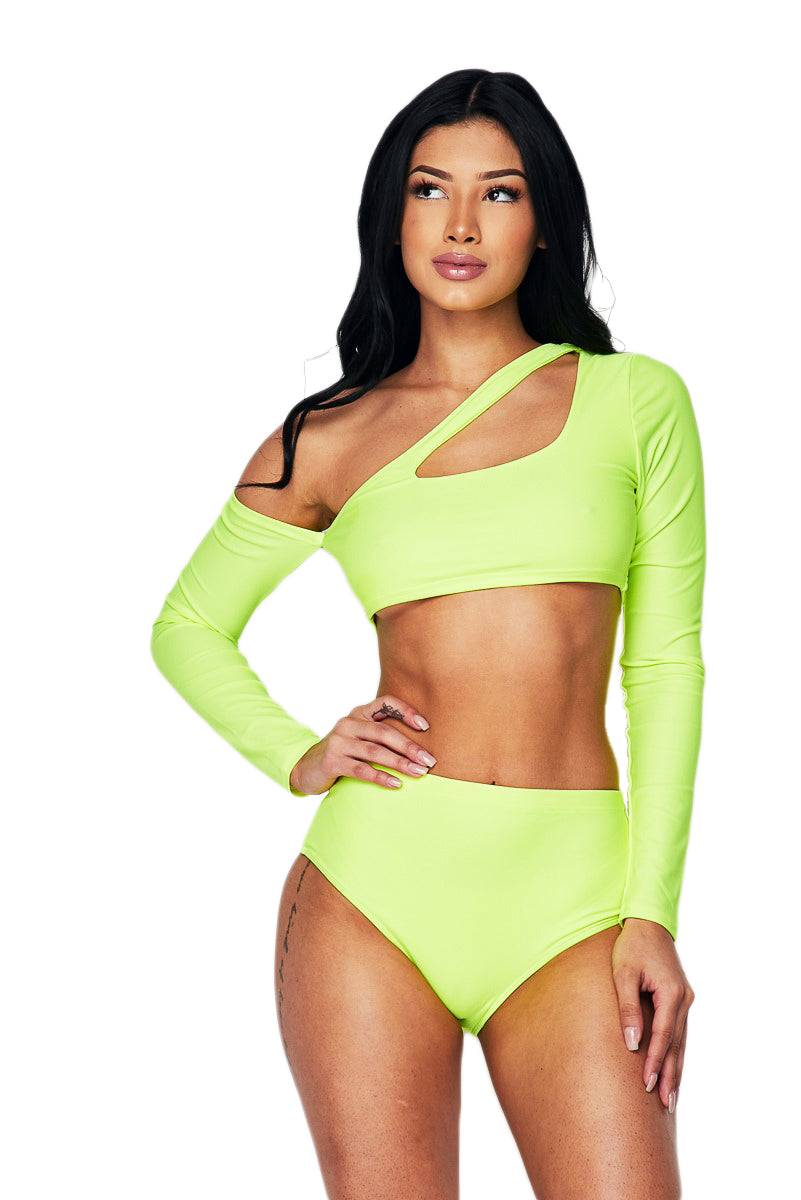 Two Piece Long Sleeve Tankini - Neon Lime