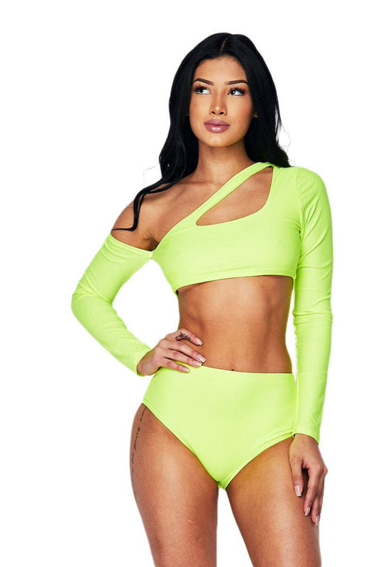 Two Piece Long Sleeve Tankini - Neon Lime