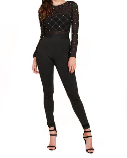 Studded Mesh Bandage Jumpsuit
