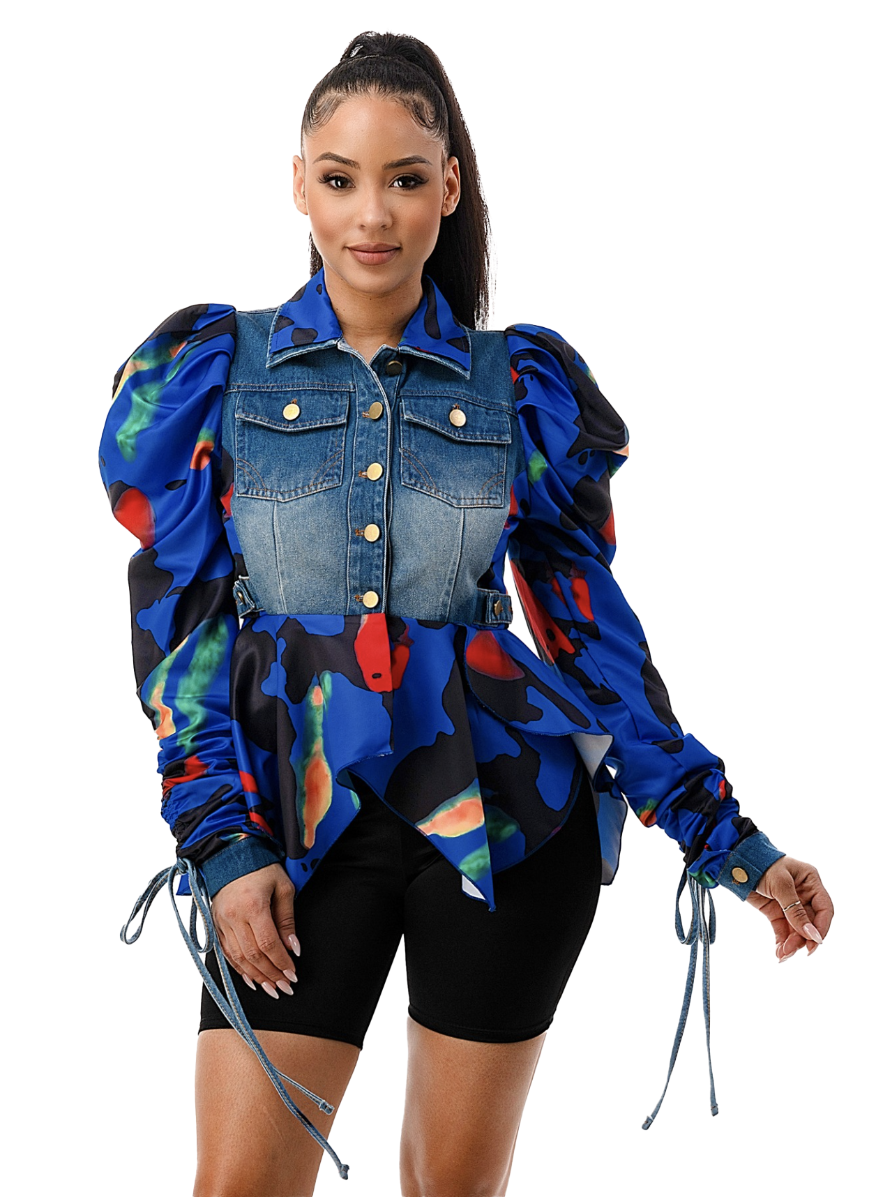 Adjustable Puff Sleeve Reconstructed Denim Peplum Jacket   {Please read Description for sizing}