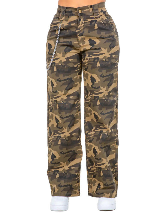 High Waist Camo Wide Leg Pants w/ Removable Chain