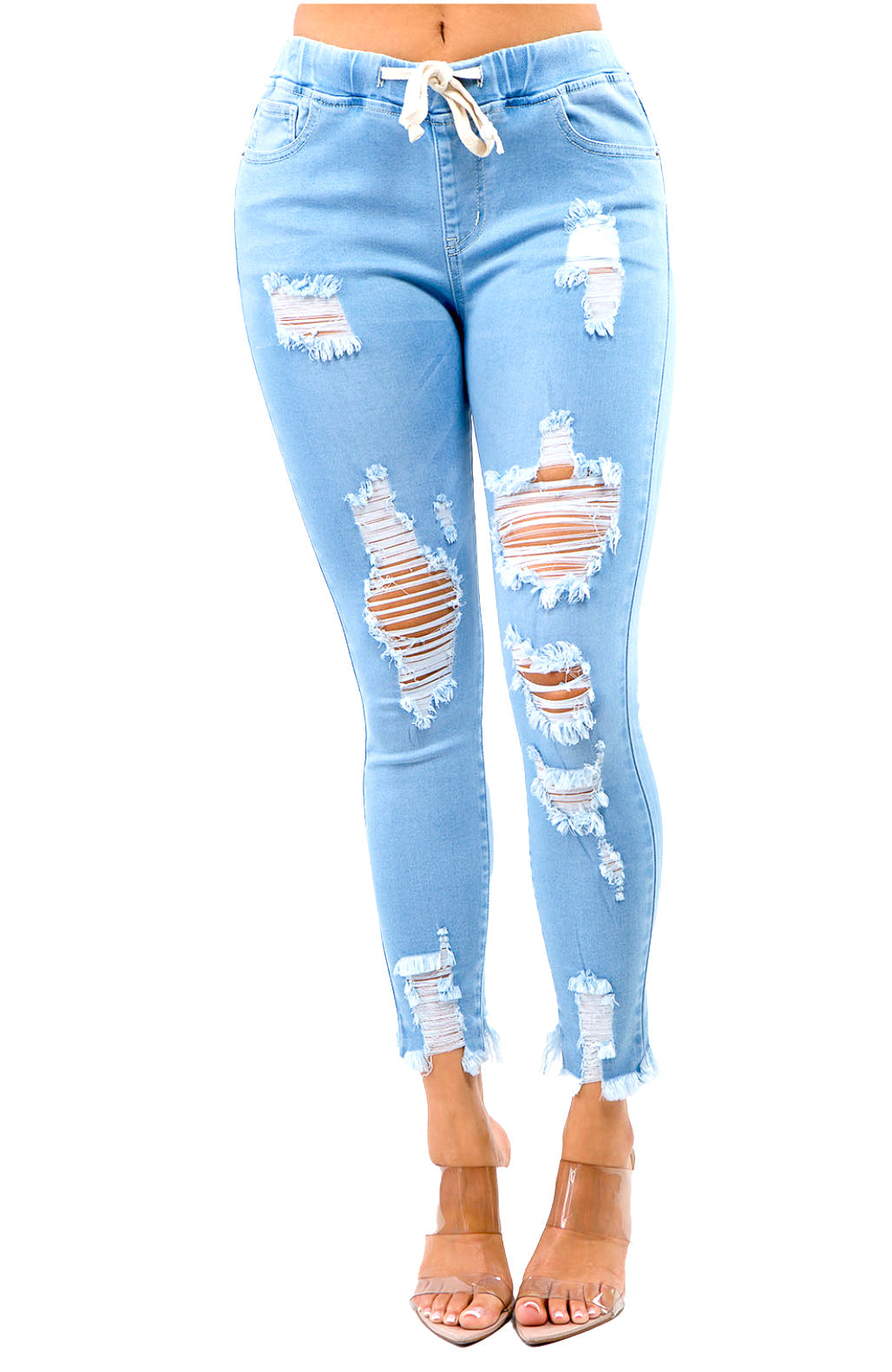 Light Denim Drawstring High Waisted Distressed Skinny Joggers
