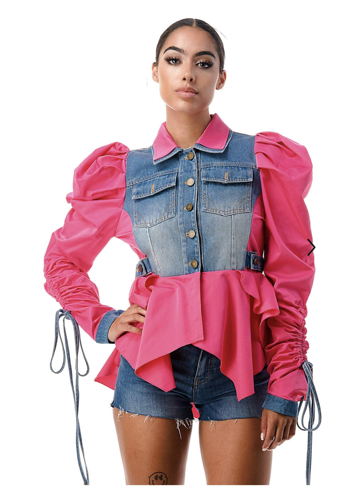 Adjustable Puff Sleeve Reconstructed Denim Peplum Jacket   {Please read Description for sizing}