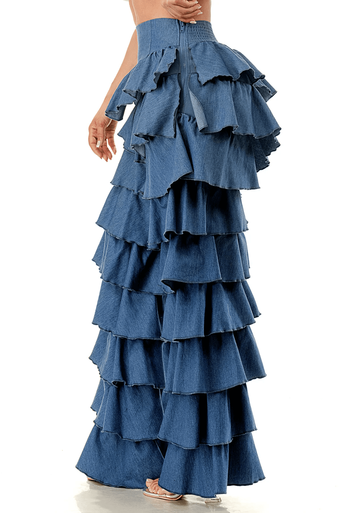 Ruffle Tiered High Waist Denim Pants