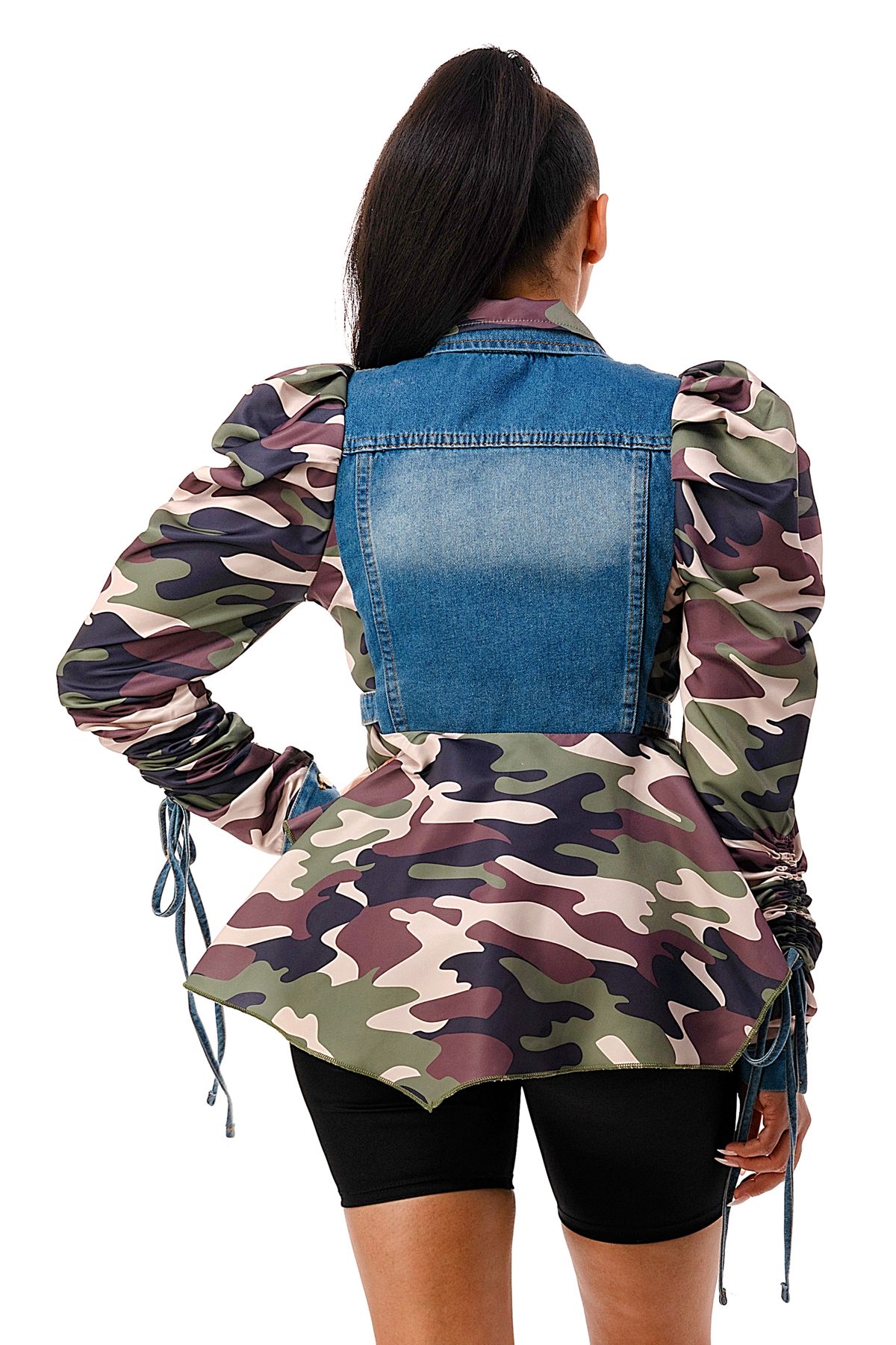 Adjustable Puff Sleeve Reconstructed Denim Peplum Jacket   {Please read Description for sizing}