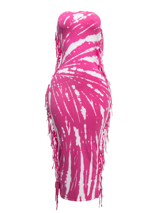 Tie Dye Strapless Fringed Maxi Dress