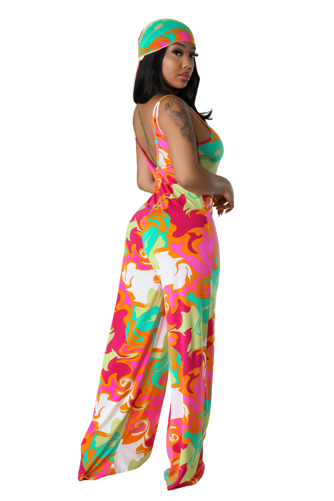 Multi Color Jumpsuit with Head Scarf