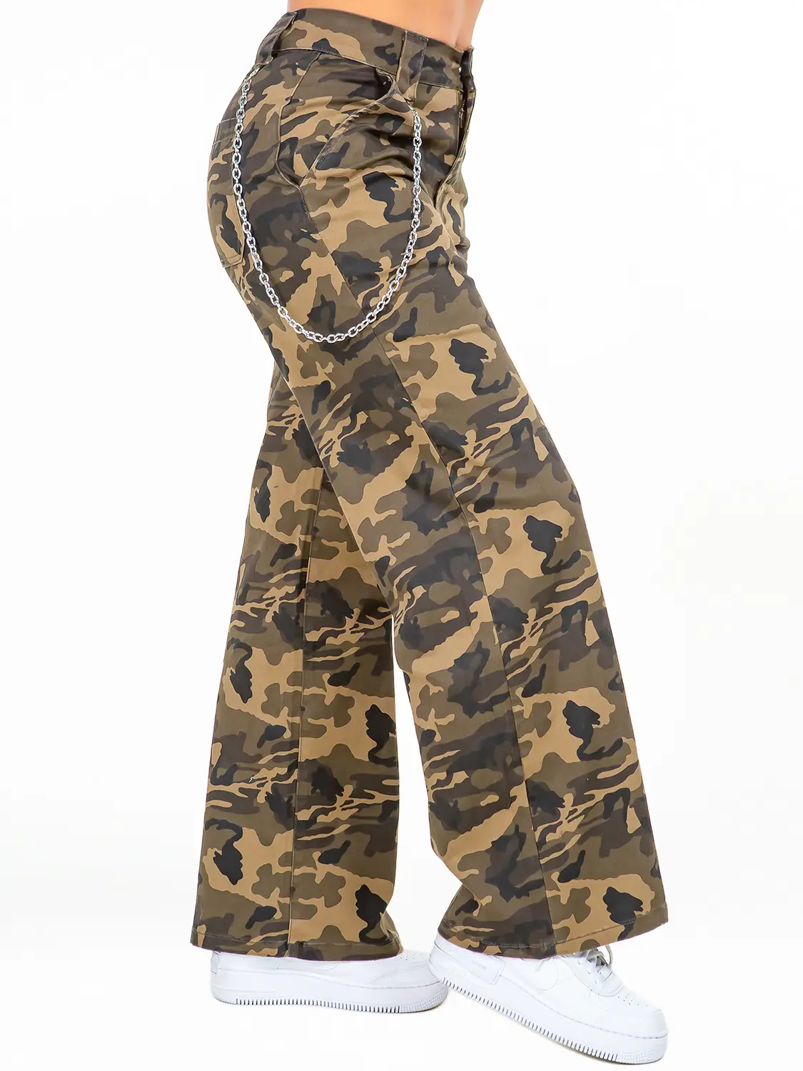 High Waist Camo Wide Leg Pants w/ Removable Chain