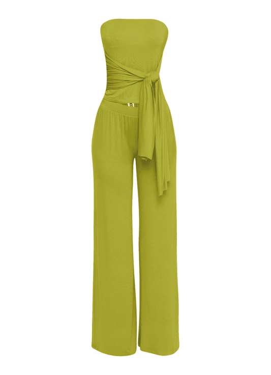 Tie Detailed Tube Top and Wide Leg Pant Set