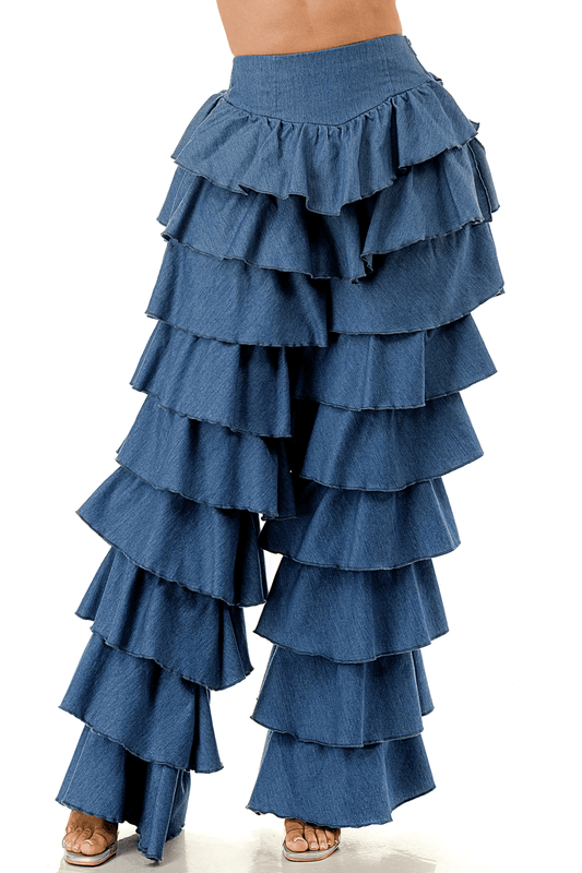 Ruffle Tiered High Waist Denim Pants
