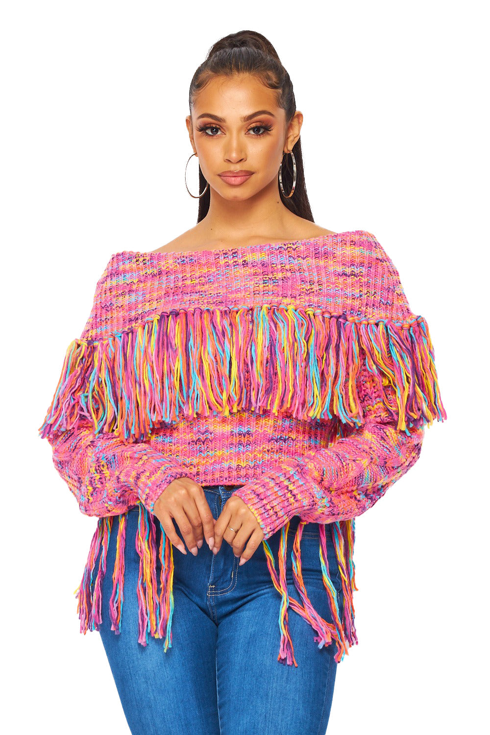 Multi Color Off the Shoulder  Fringe Long Sleeve Sweater