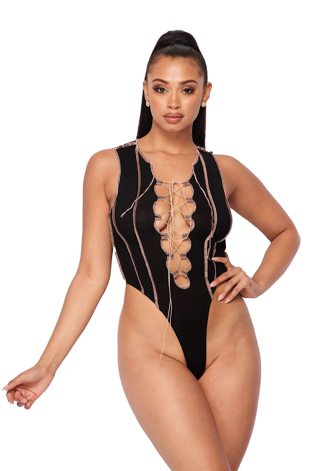 Laced Up Tank Bodysuit - {Black/Tan}