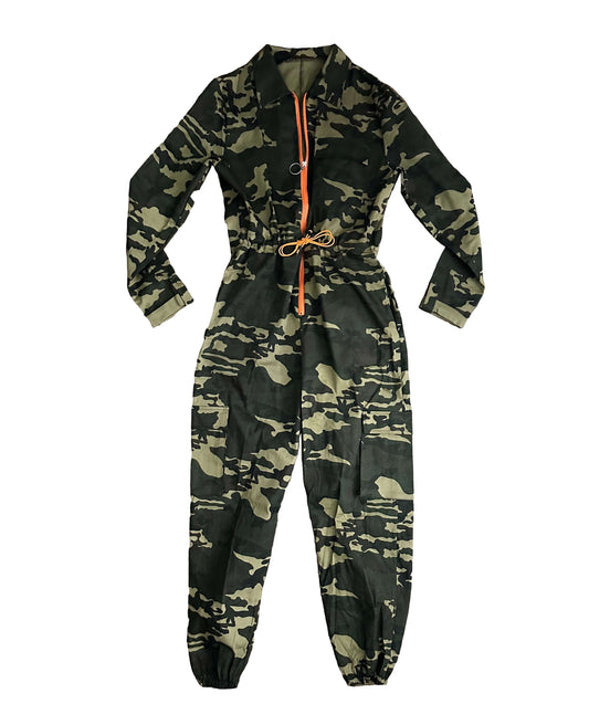 Long Sleeve Camo Cargo Jumpsuit with Orange Zipper