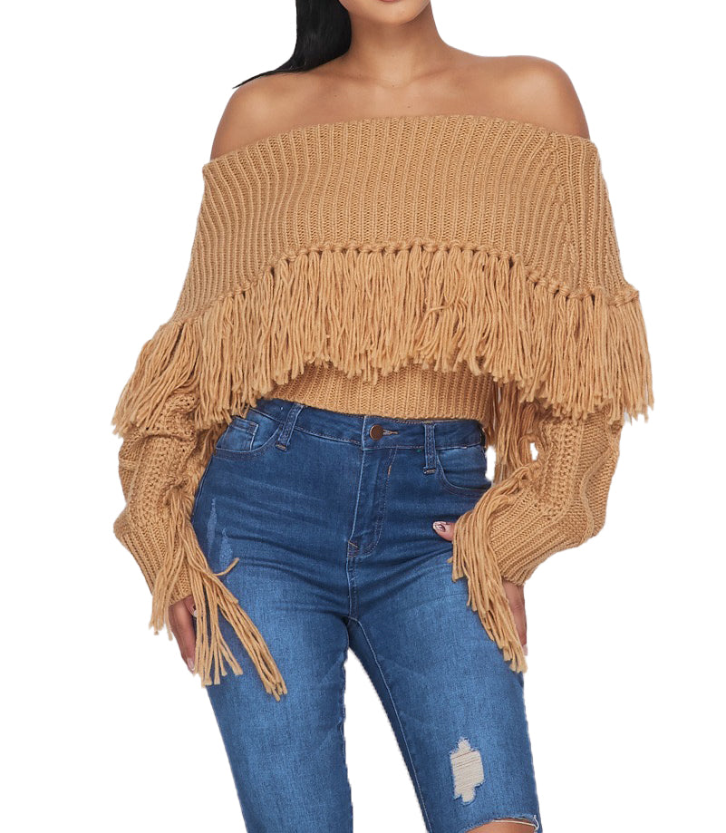 Off the Shoulder Fringe Long Sleeve Sweater