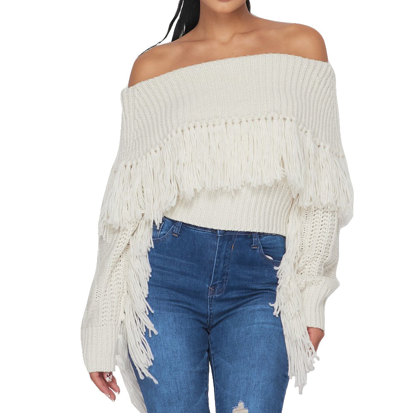 Off the Shoulder Fringe Long Sleeve Sweater