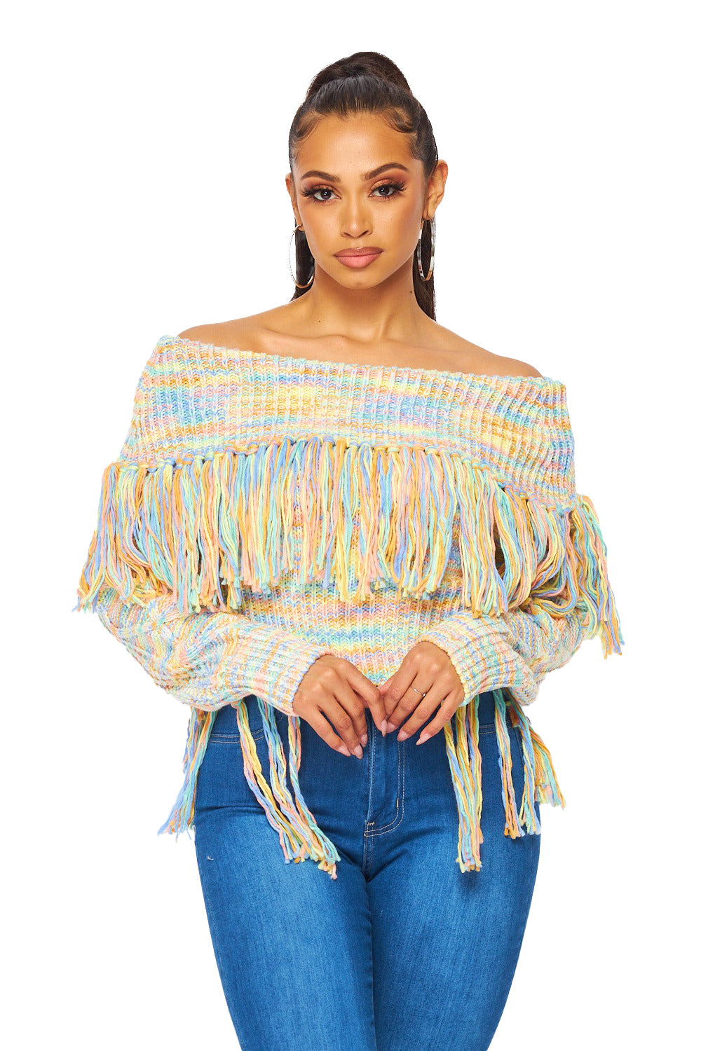 Multi Color Off the Shoulder  Fringe Long Sleeve Sweater