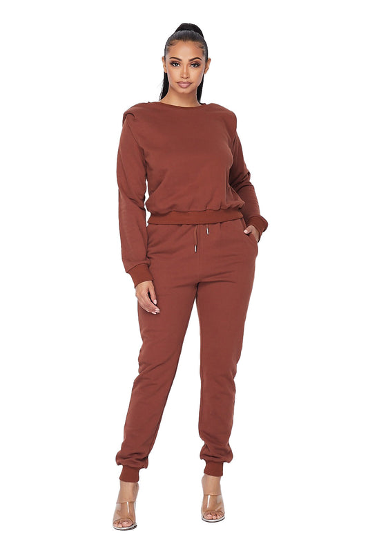 Padded Shoulder Jogging Suit -Chocolate