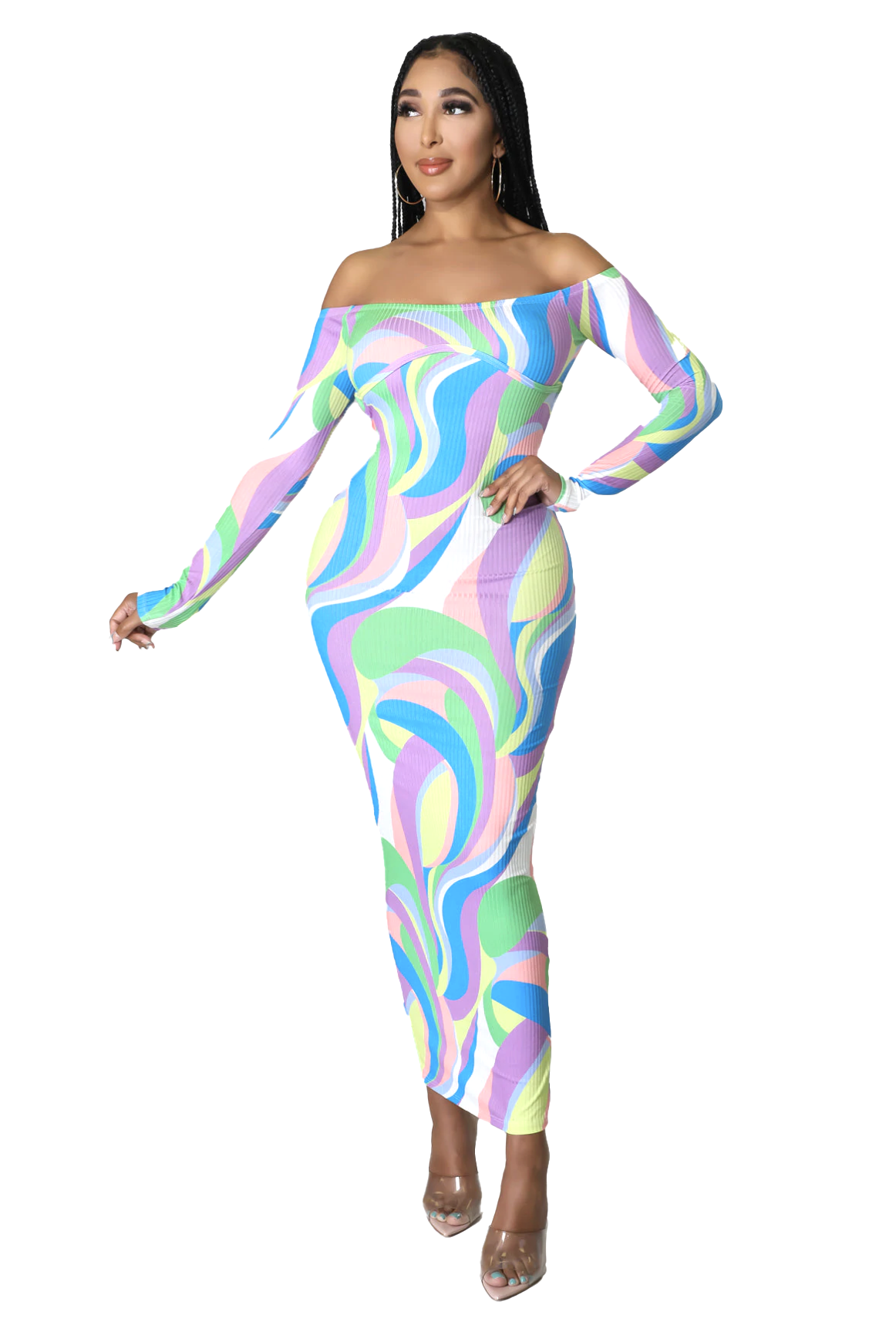 Multi Color Ribbed Long Sleeve Back Out Dress