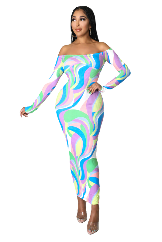 Multi Color Ribbed Long Sleeve Back Out Dress