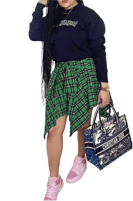 Plaid Flannel Faux Sleeve Belt Skirt