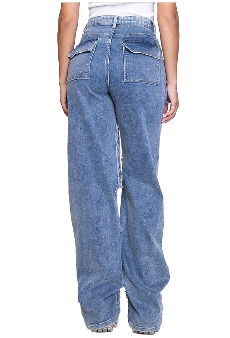 Front Only Ripped Distressed Cargo Denim Jeans