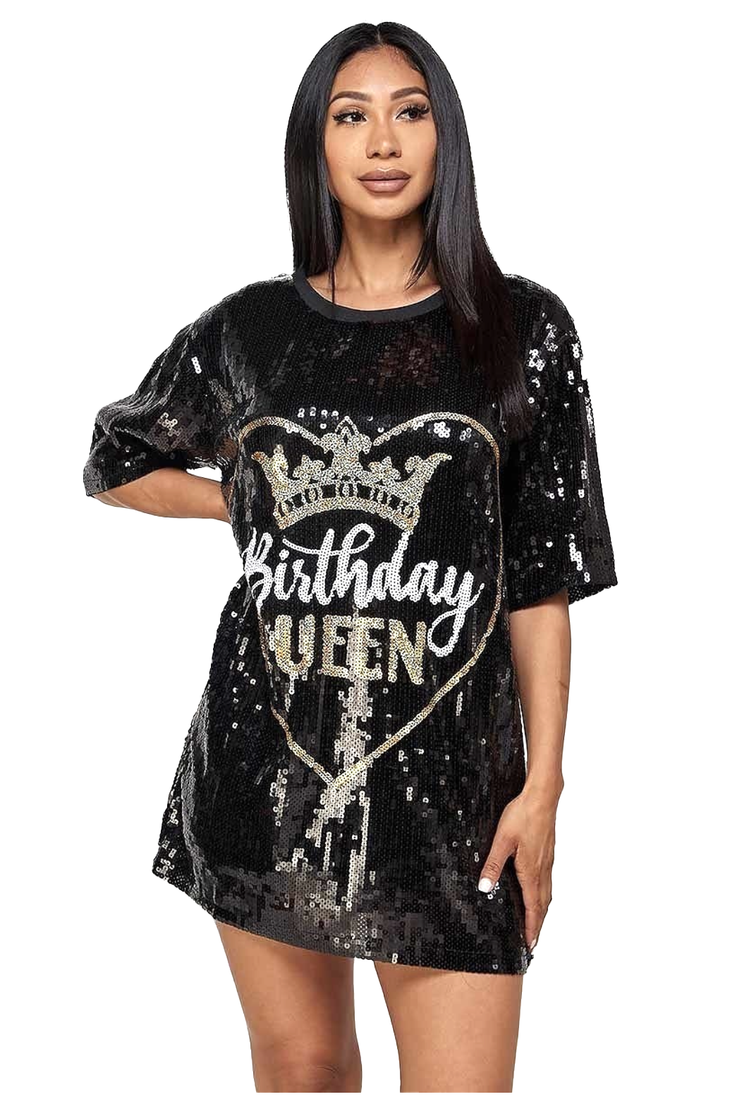 Sequin Birthday Queen Oversized Sequin T-shirt Dress {Gold & White Letters}
