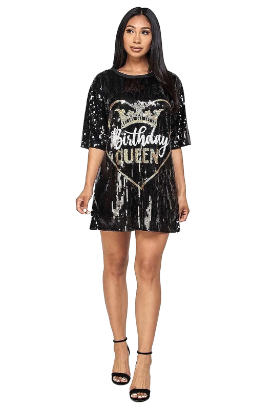 Sequin Birthday Queen Oversized Sequin T-shirt Dress {Gold & White Letters}